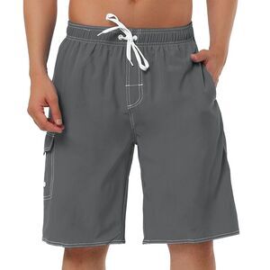 Summer Solid Shorts Drawstring Elastic Waist Swim Beach Board Shorts Gray